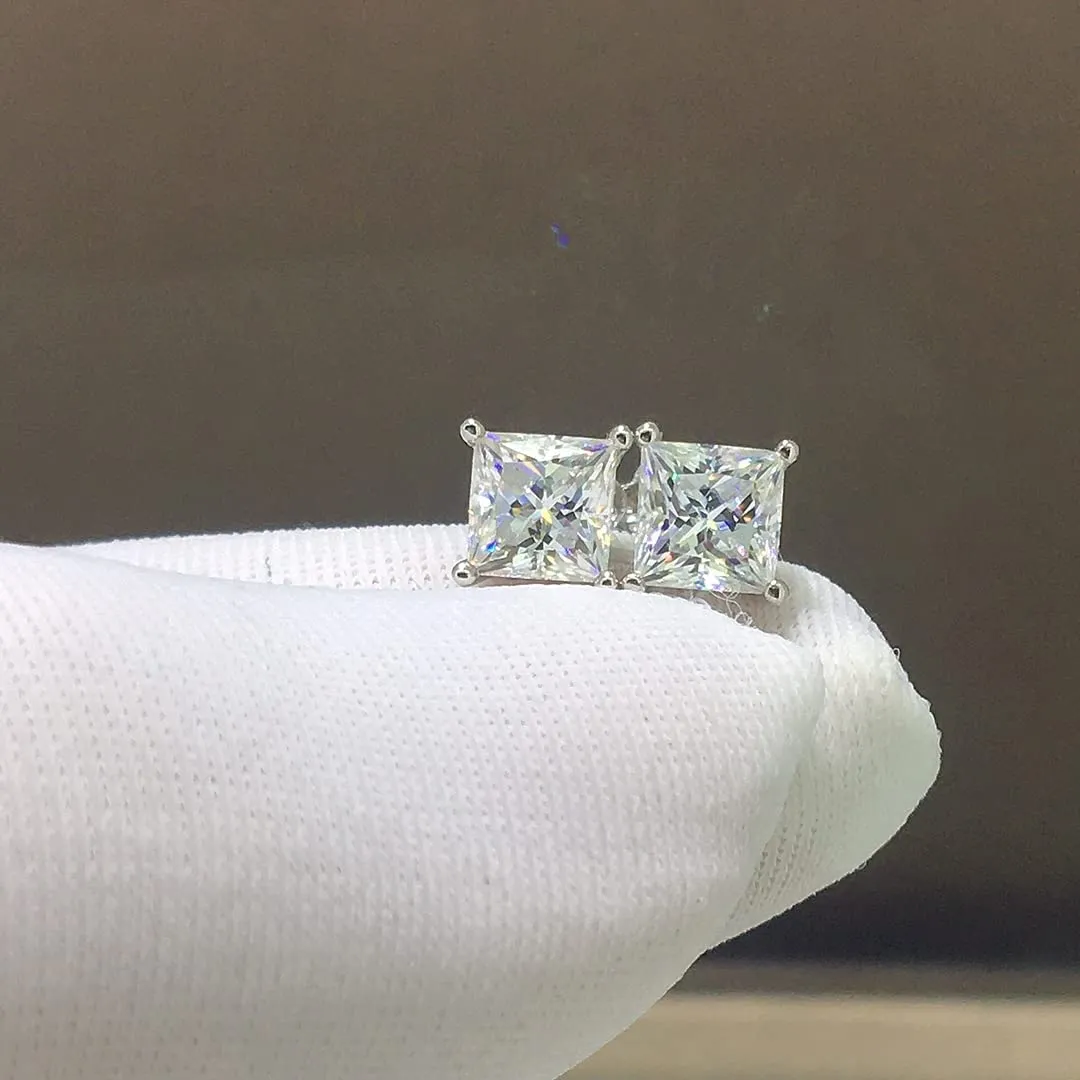 0.5 Carat Each Princess Cut Moissanite Stud Earrings 18K White Gold Plated Sterling Silver