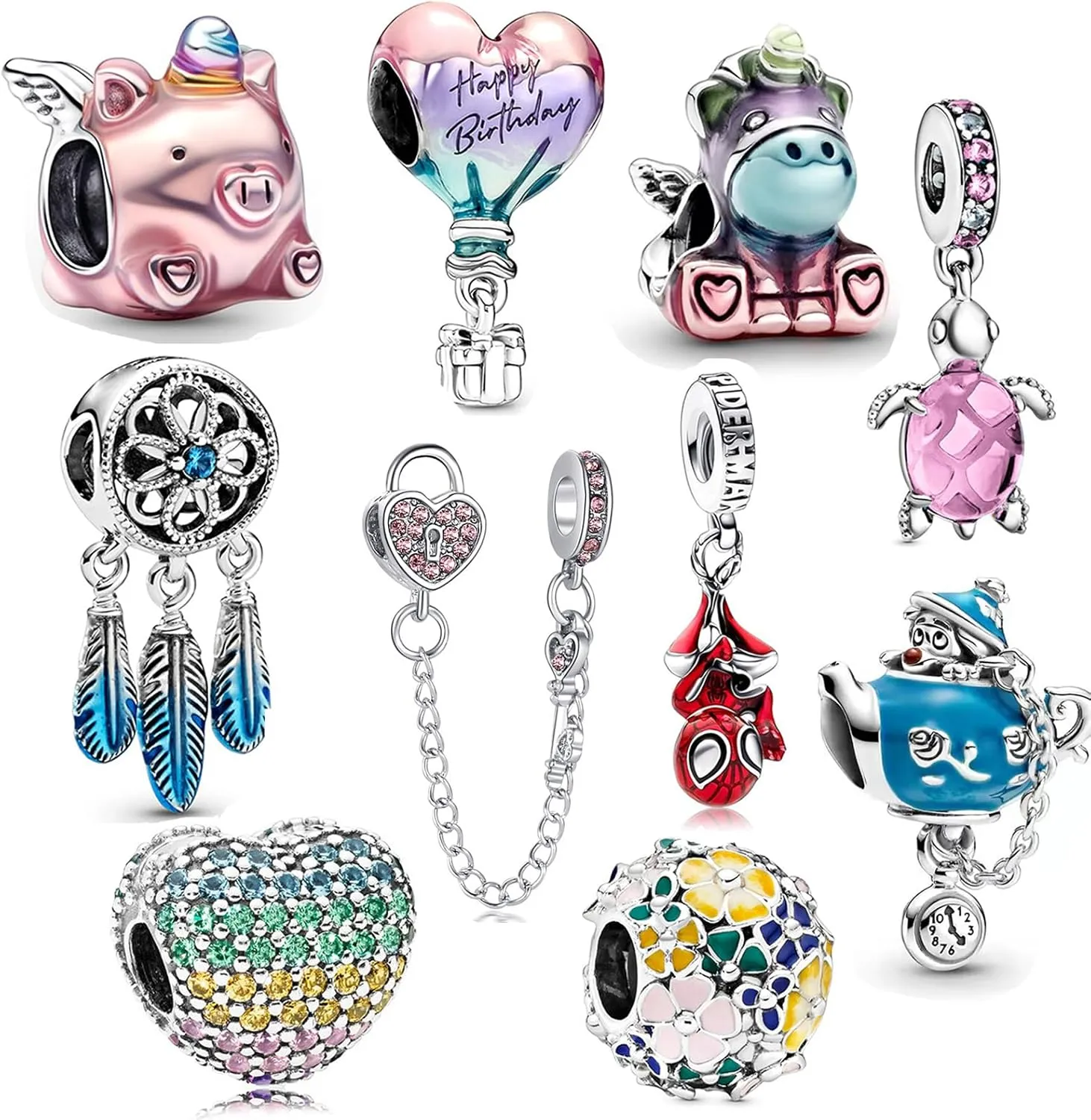 10 Pack Silver Bead Charms for Bracelets and Necklaces Charm for Woman Dangle Pendant Beads Set