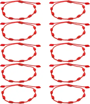 10-Piece Adjustable String Bracelets - 7 Knots Style, Red Cord, Braided Bracelet Amulet for Protection, Good Luck, Friendship, Lovers