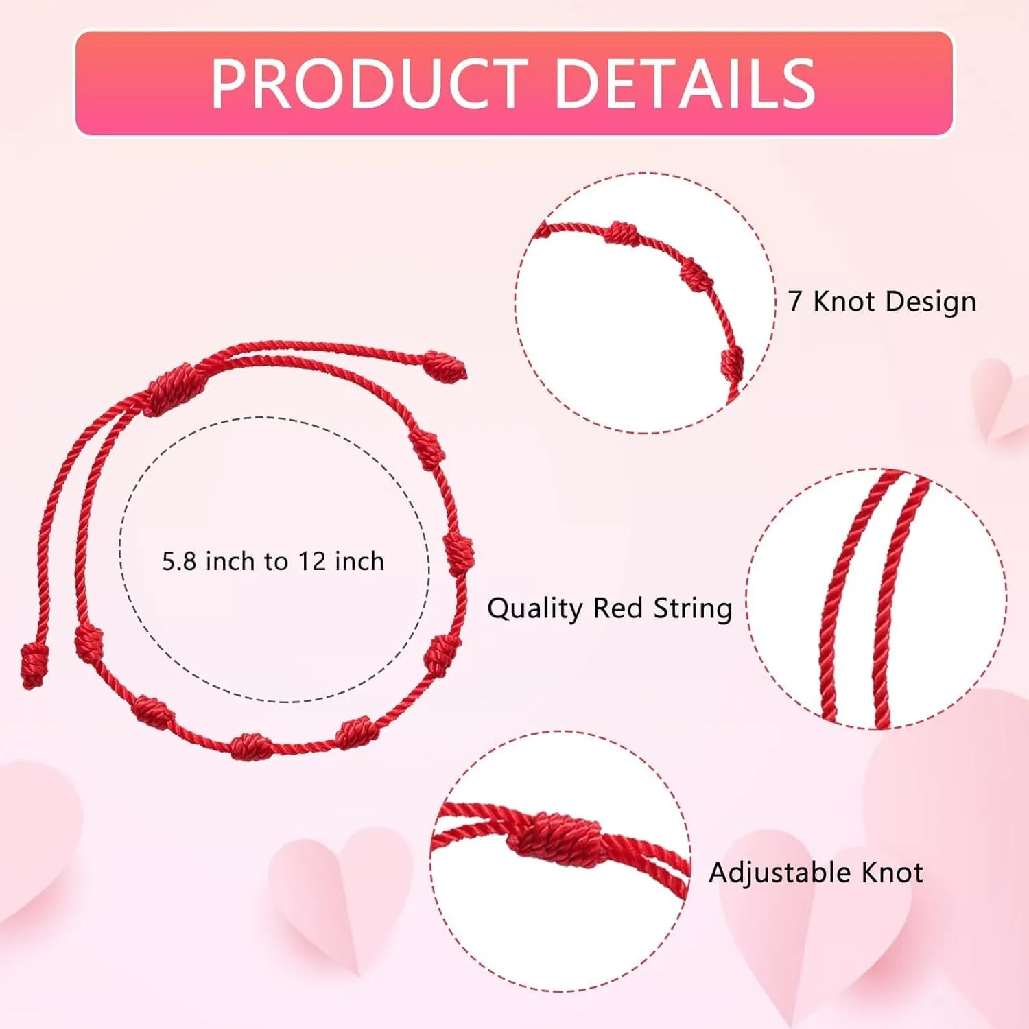 10-Piece Adjustable String Bracelets - 7 Knots Style, Red Cord, Braided Bracelet Amulet for Protection, Good Luck, Friendship, Lovers