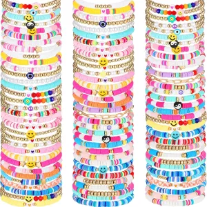 100 Pcs Preppy Heishi Surfer Bracelets Set Colorful Beaded Stretch Bracelets Clay Bracelets for Women Teens