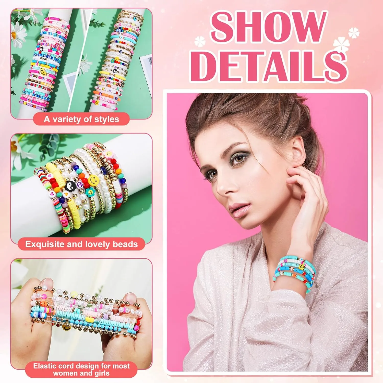 100 Pcs Preppy Heishi Surfer Bracelets Set Colorful Beaded Stretch Bracelets Clay Bracelets for Women Teens