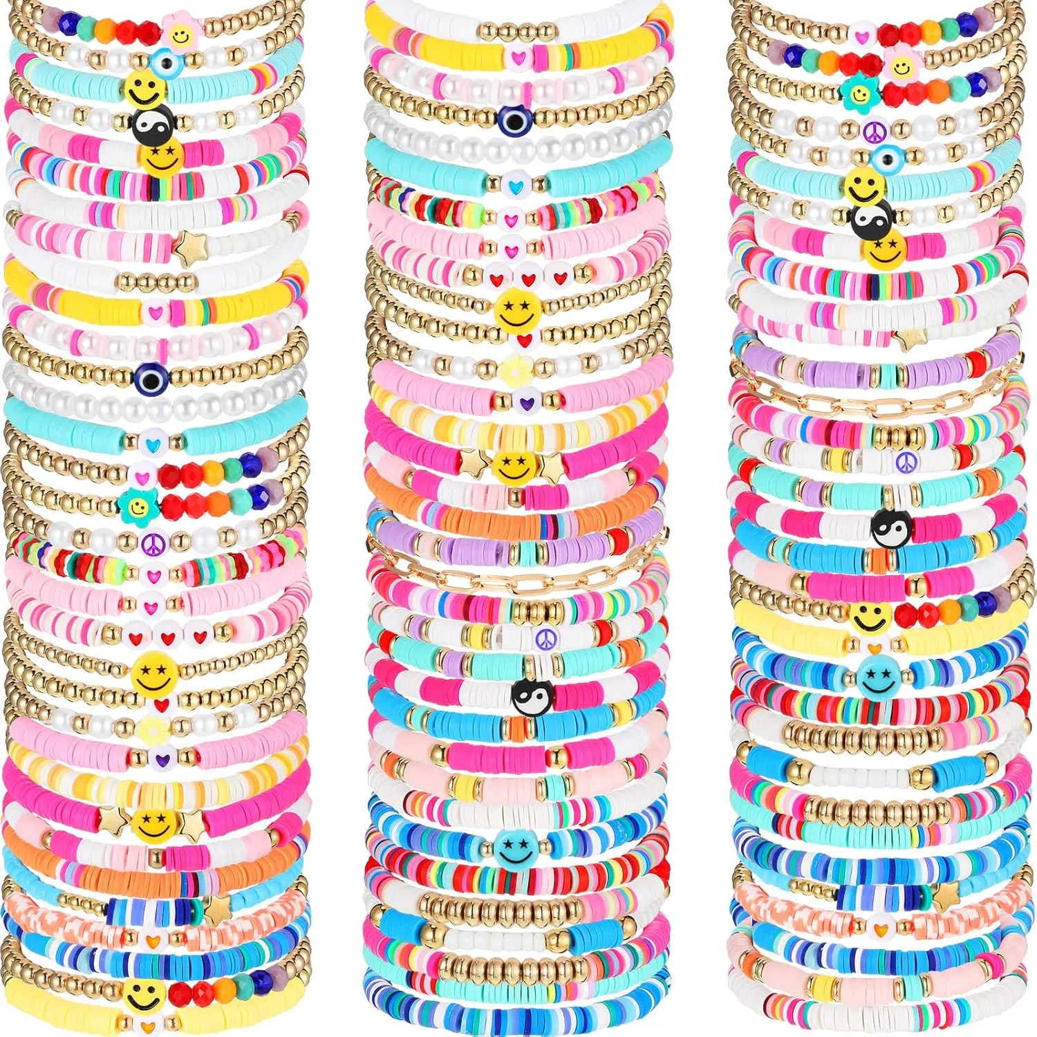 100 Pcs Preppy Heishi Surfer Bracelets Set Colorful Beaded Stretch Bracelets Clay Bracelets for Women Teens