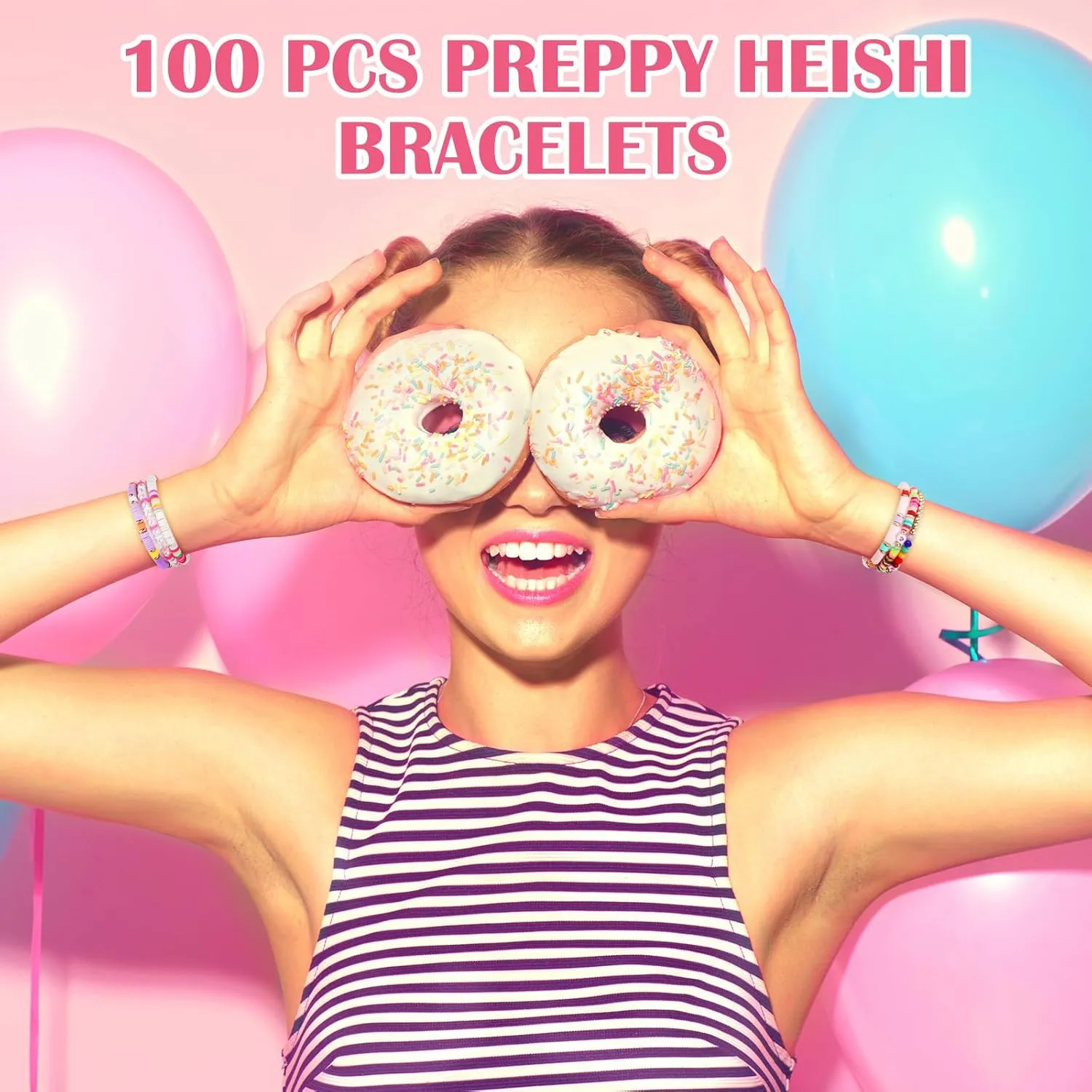 100 Pcs Preppy Heishi Surfer Bracelets Set Colorful Beaded Stretch Bracelets Clay Bracelets for Women Teens