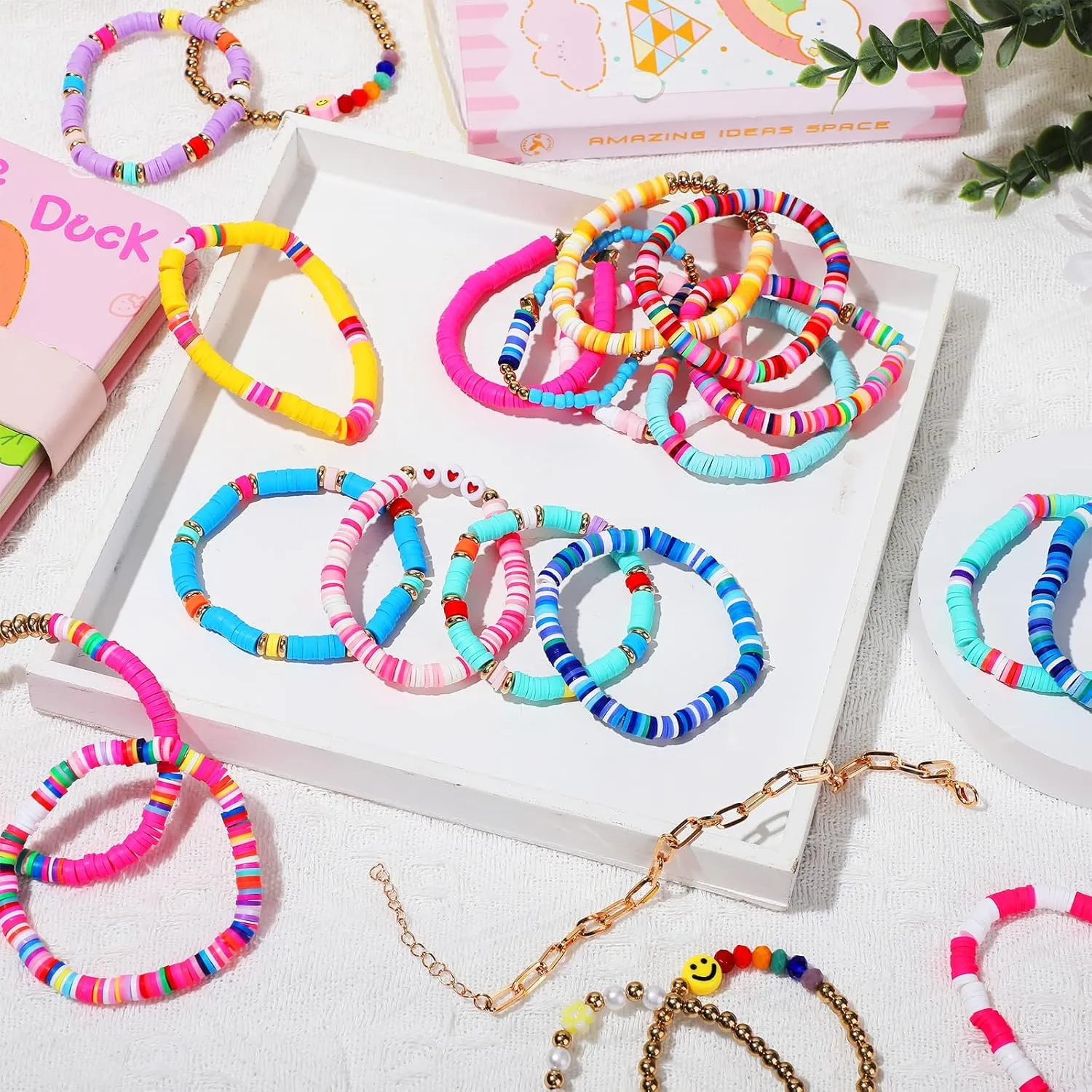 100 Pcs Preppy Heishi Surfer Bracelets Set Colorful Beaded Stretch Bracelets Clay Bracelets for Women Teens