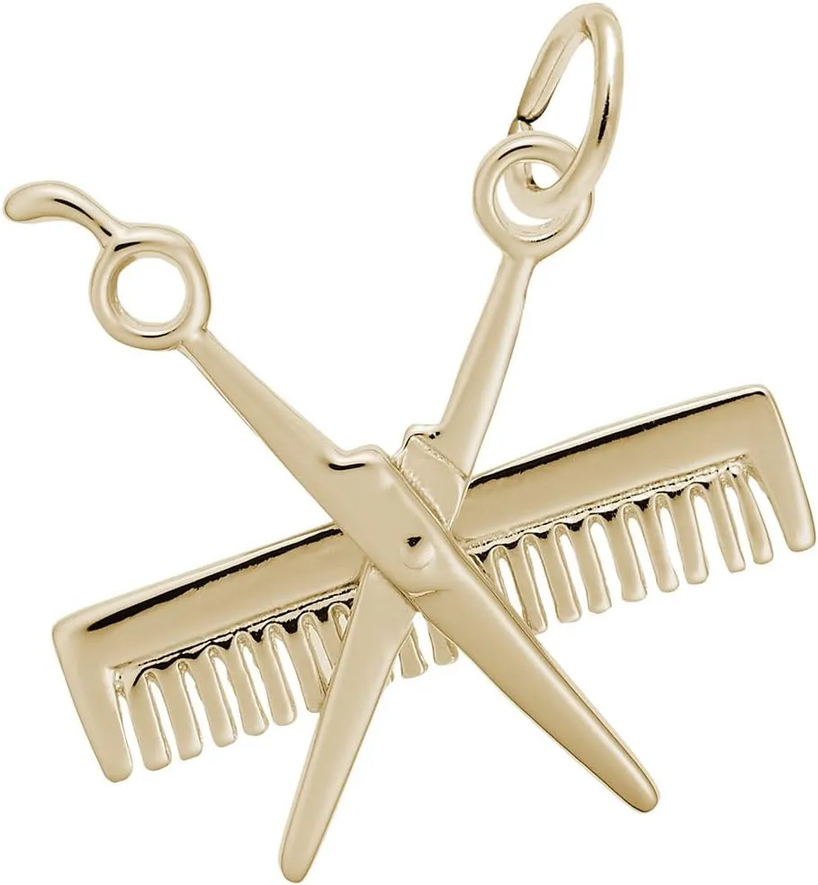 10k Yellow Gold Comb and Scissors Charm, Charms for Bracelets and Necklaces