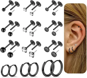 12 Pairs 20G 316L Stainless Steel Threadless Stud Earrings for Multiple Piercing Small Huggie Hoop Earrings Flat Back Tiny Stud Earring for Cartilage Helix Tragus Lobe