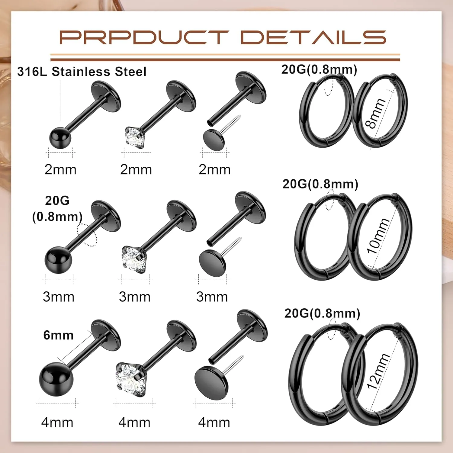 12 Pairs 20G 316L Stainless Steel Threadless Stud Earrings for Multiple Piercing Small Huggie Hoop Earrings Flat Back Tiny Stud Earring for Cartilage Helix Tragus Lobe