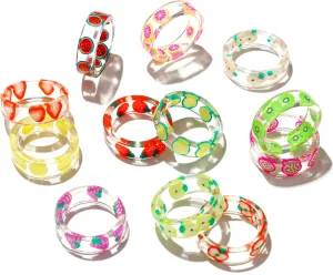 12 Pieces Resin Fruit Rings Set Indie Rings Asthetic Rings Summer Colorful Transparent Plastic Acrylic Rings Cute Strawberry Kiwi Lemon Apple Grape Pitaya Grapefruit Orange Watermelon Rings for Women