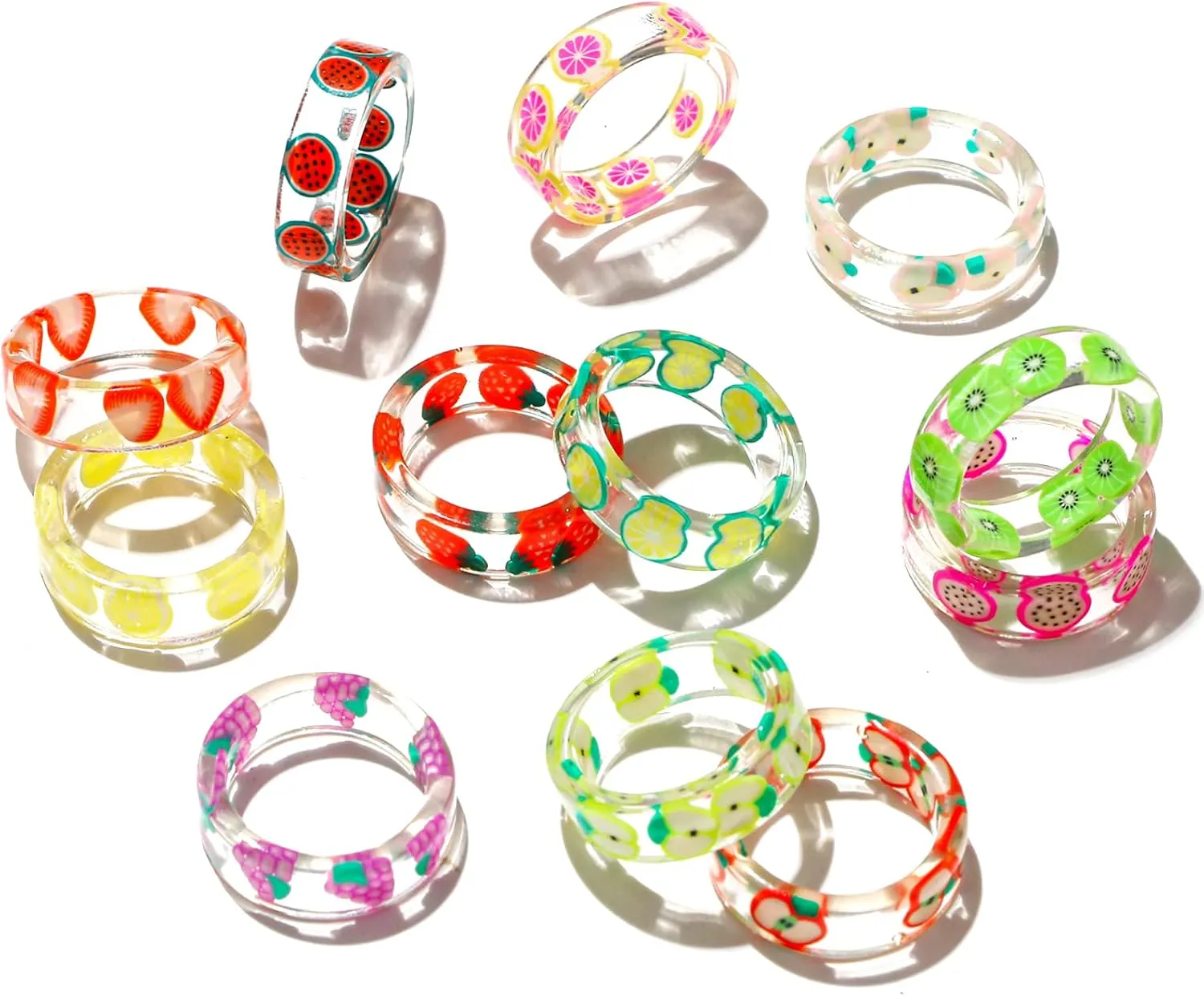 12 Pieces Resin Fruit Rings Set Indie Rings Asthetic Rings Summer Colorful Transparent Plastic Acrylic Rings Cute Strawberry Kiwi Lemon Apple Grape Pitaya Grapefruit Orange Watermelon Rings for Women