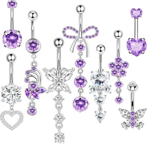 14G Belly Button ring Dangle Belly Rings Surgical Stainless Steel Cute Bow Butterfly Heart Flower Dangling Belly Button Piercing Jewelry For Women Silver Dainty Dangly Navel Ring