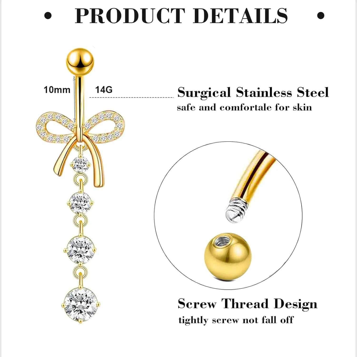 14G Belly Button ring Dangle Belly Rings Surgical Stainless Steel Cute Bow Butterfly Heart Flower Dangling Belly Button Piercing Jewelry For Women Silver Dainty Dangly Navel Ring