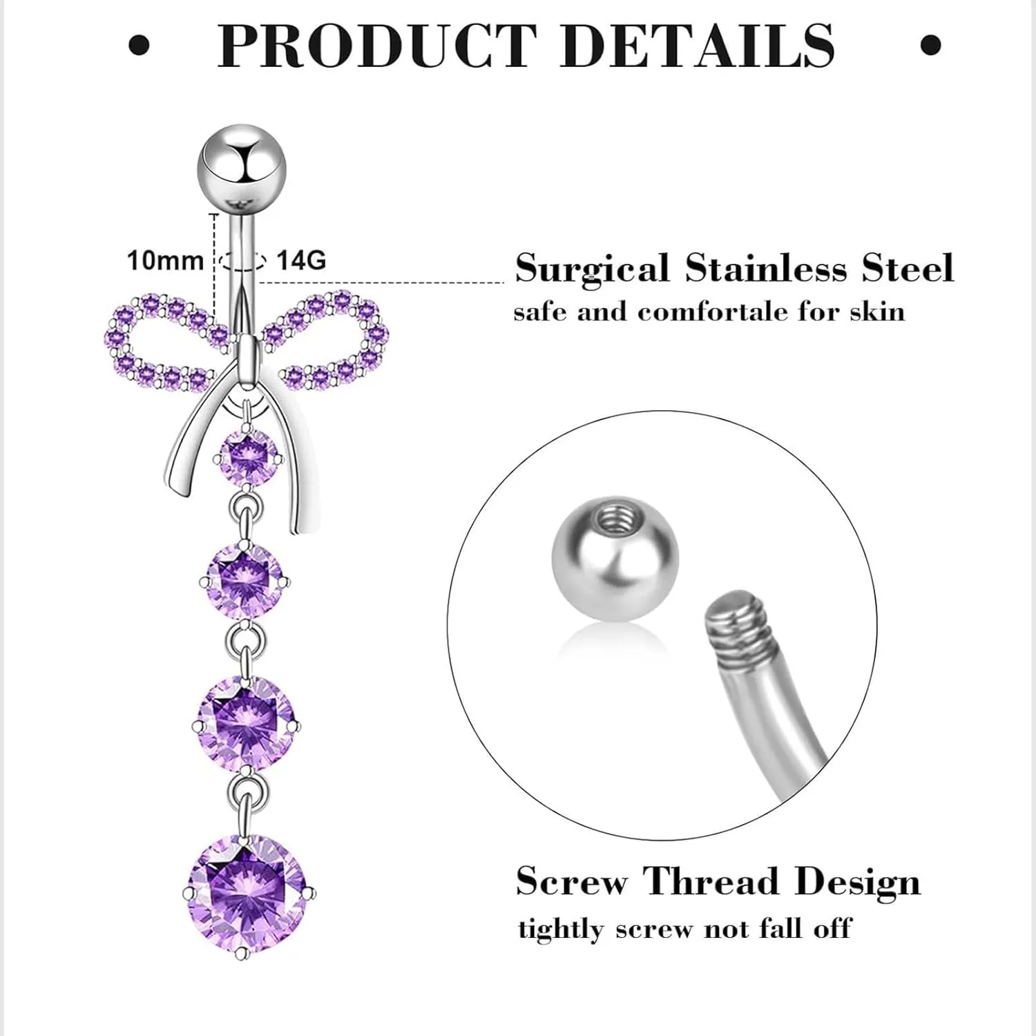 14G Belly Button ring Dangle Belly Rings Surgical Stainless Steel Cute Bow Butterfly Heart Flower Dangling Belly Button Piercing Jewelry For Women Silver Dainty Dangly Navel Ring