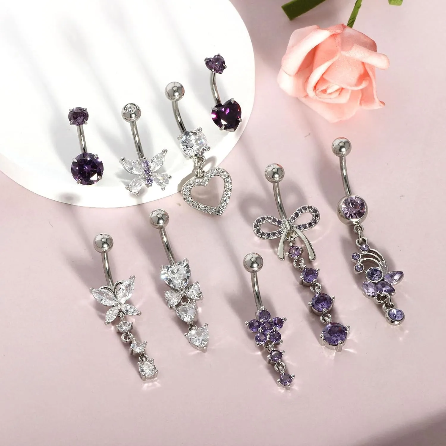 14G Belly Button ring Dangle Belly Rings Surgical Stainless Steel Cute Bow Butterfly Heart Flower Dangling Belly Button Piercing Jewelry For Women Silver Dainty Dangly Navel Ring