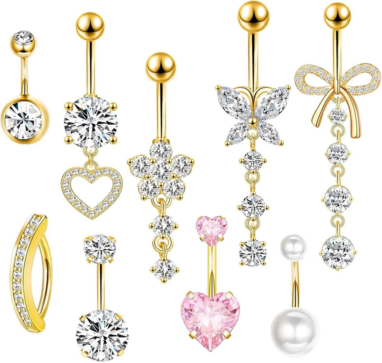 14G Belly Button ring Dangle Belly Rings Surgical Stainless Steel Cute Bow Butterfly Heart Flower Dangling Belly Button Piercing Jewelry For Women Silver Dainty Dangly Navel Ring