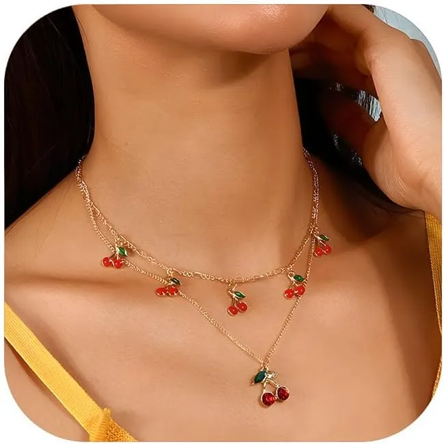 14K Gold Plated Cherry Choker Necklace for Women Cherry Fruit Charm Necklaces