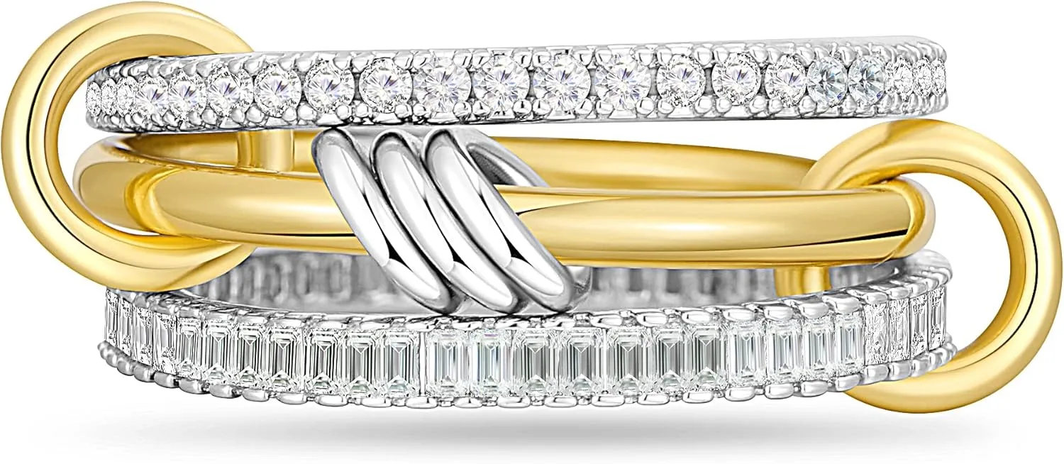 14K Gold Plated Stackable Rings,3 CZ Cubic Zirconia Ring Set,Silver & Gold Stacking Rings, Multi-Link Connected,Statement Interlocking Band for Women, Hypoallergenic, Non Tarnish wedding ring
