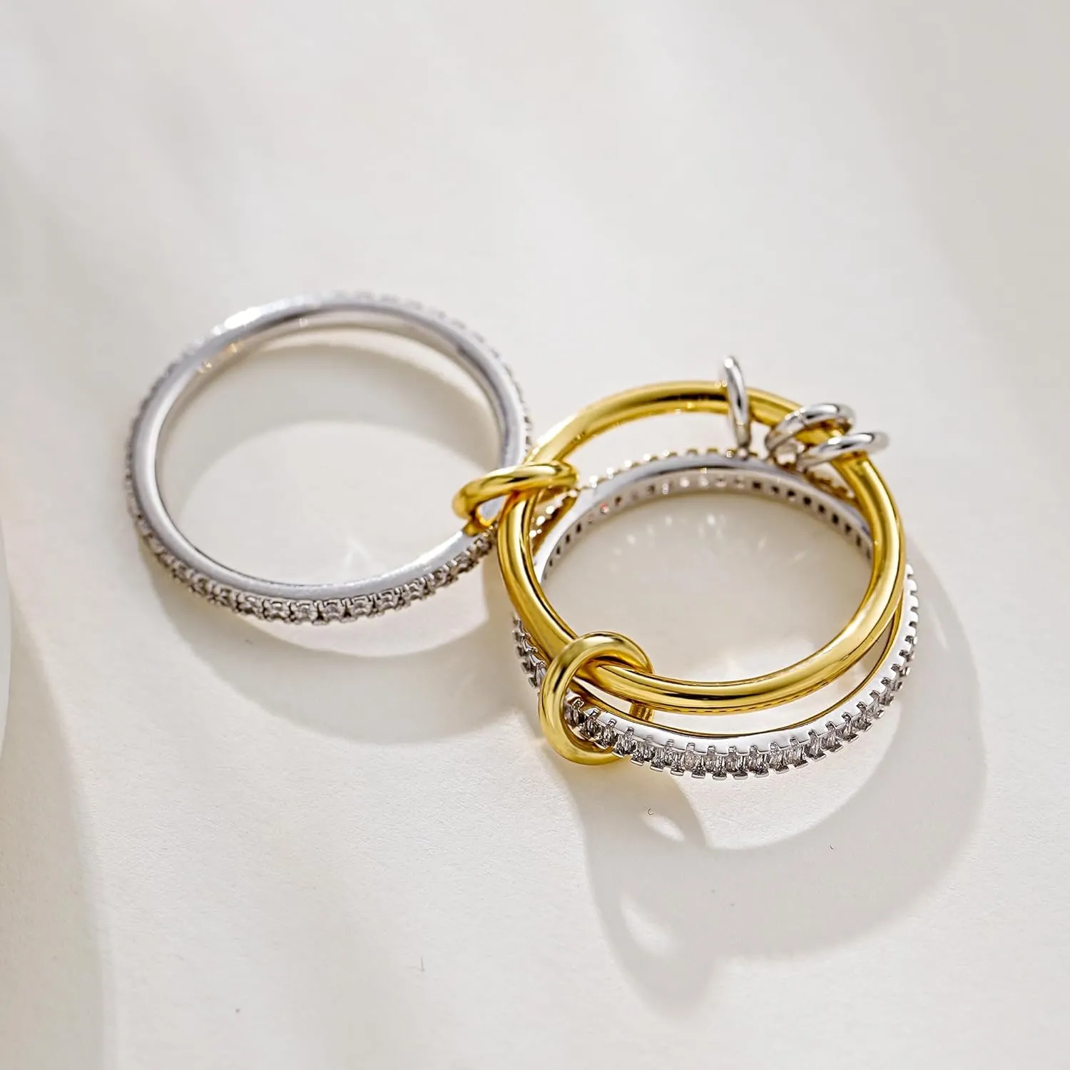 14K Gold Plated Stackable Rings,3 CZ Cubic Zirconia Ring Set,Silver & Gold Stacking Rings, Multi-Link Connected,Statement Interlocking Band for Women, Hypoallergenic, Non Tarnish wedding ring