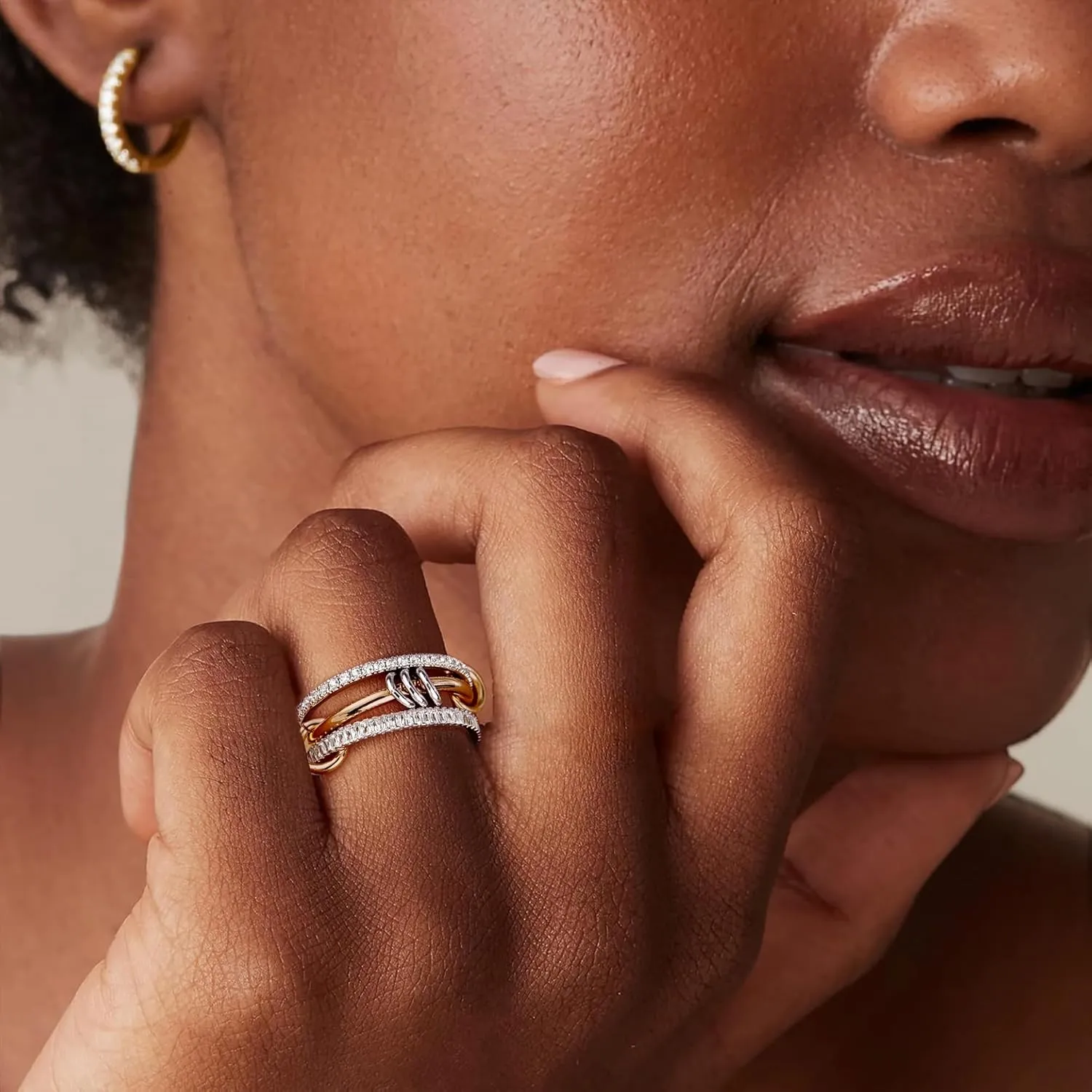 14K Gold Plated Stackable Rings,3 CZ Cubic Zirconia Ring Set,Silver & Gold Stacking Rings, Multi-Link Connected,Statement Interlocking Band for Women, Hypoallergenic, Non Tarnish wedding ring