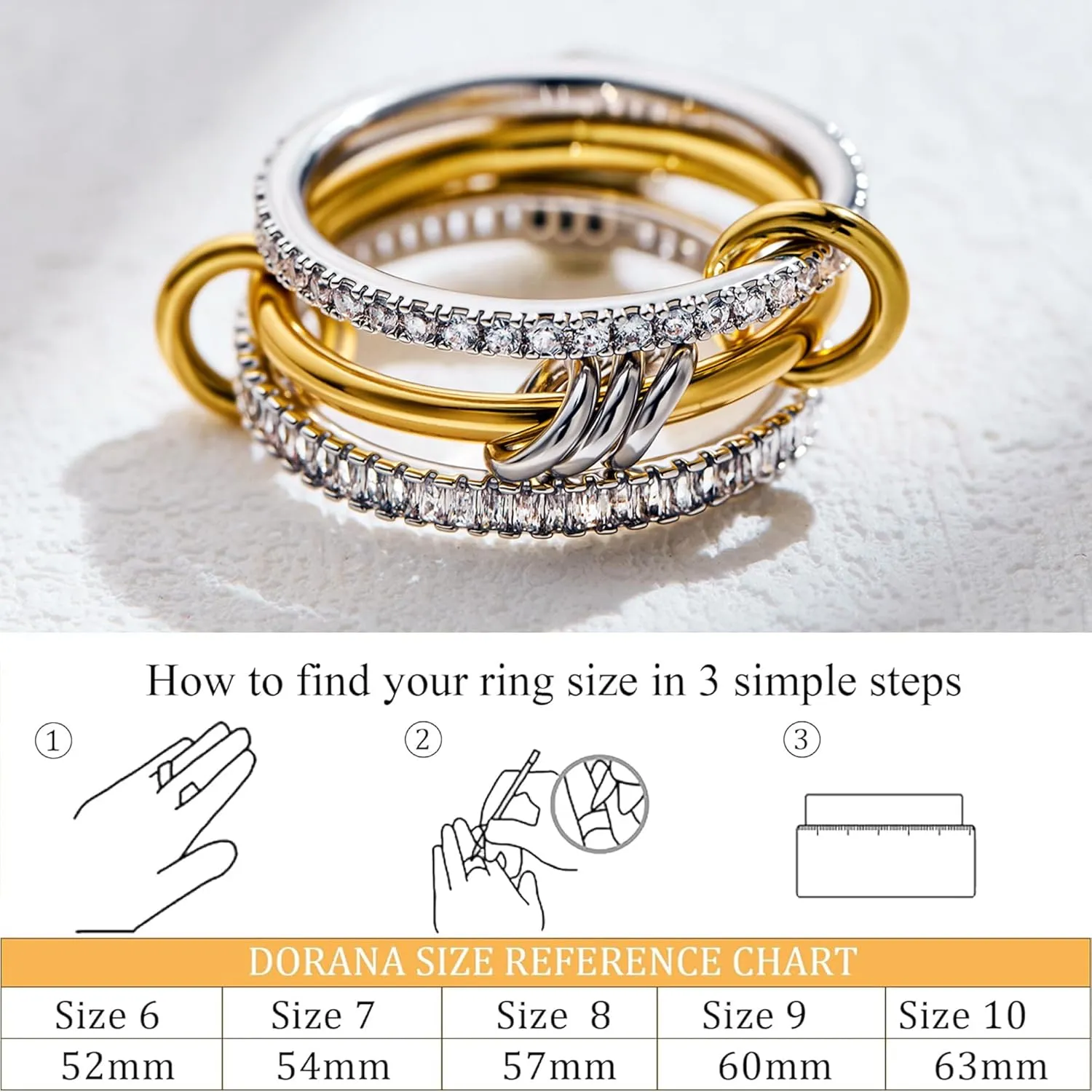 14K Gold Plated Stackable Rings,3 CZ Cubic Zirconia Ring Set,Silver & Gold Stacking Rings, Multi-Link Connected,Statement Interlocking Band for Women, Hypoallergenic, Non Tarnish wedding ring
