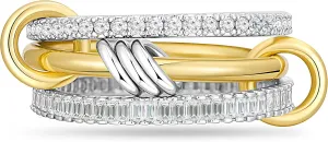 14K Gold Plated Stackable Rings,3 CZ Cubic Zirconia Ring Set,Silver & Gold Stacking Rings, Multi-Link Connected,Statement Interlocking Band for Women, Hypoallergenic, Non Tarnish wedding ring