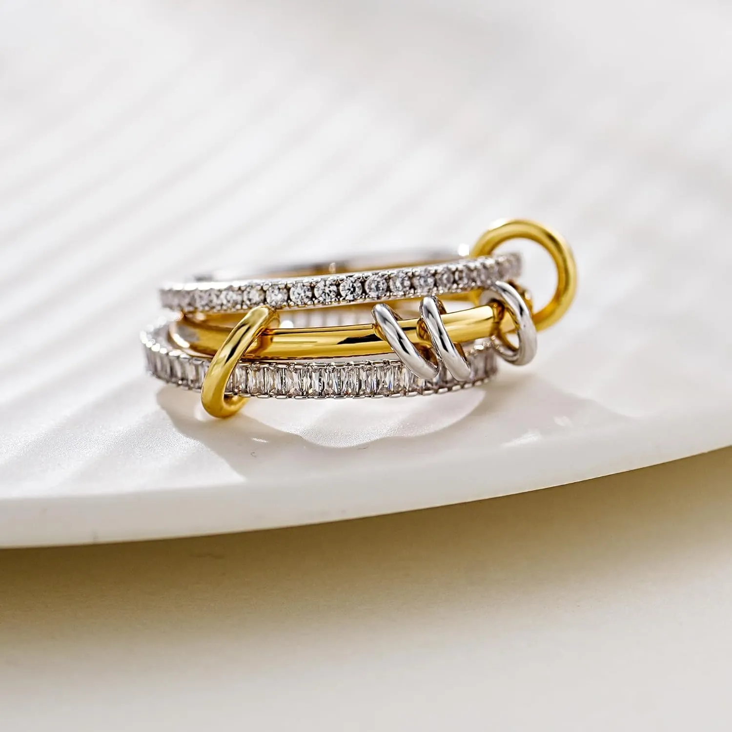 14K Gold Plated Stackable Rings,3 CZ Cubic Zirconia Ring Set,Silver & Gold Stacking Rings, Multi-Link Connected,Statement Interlocking Band for Women, Hypoallergenic, Non Tarnish wedding ring