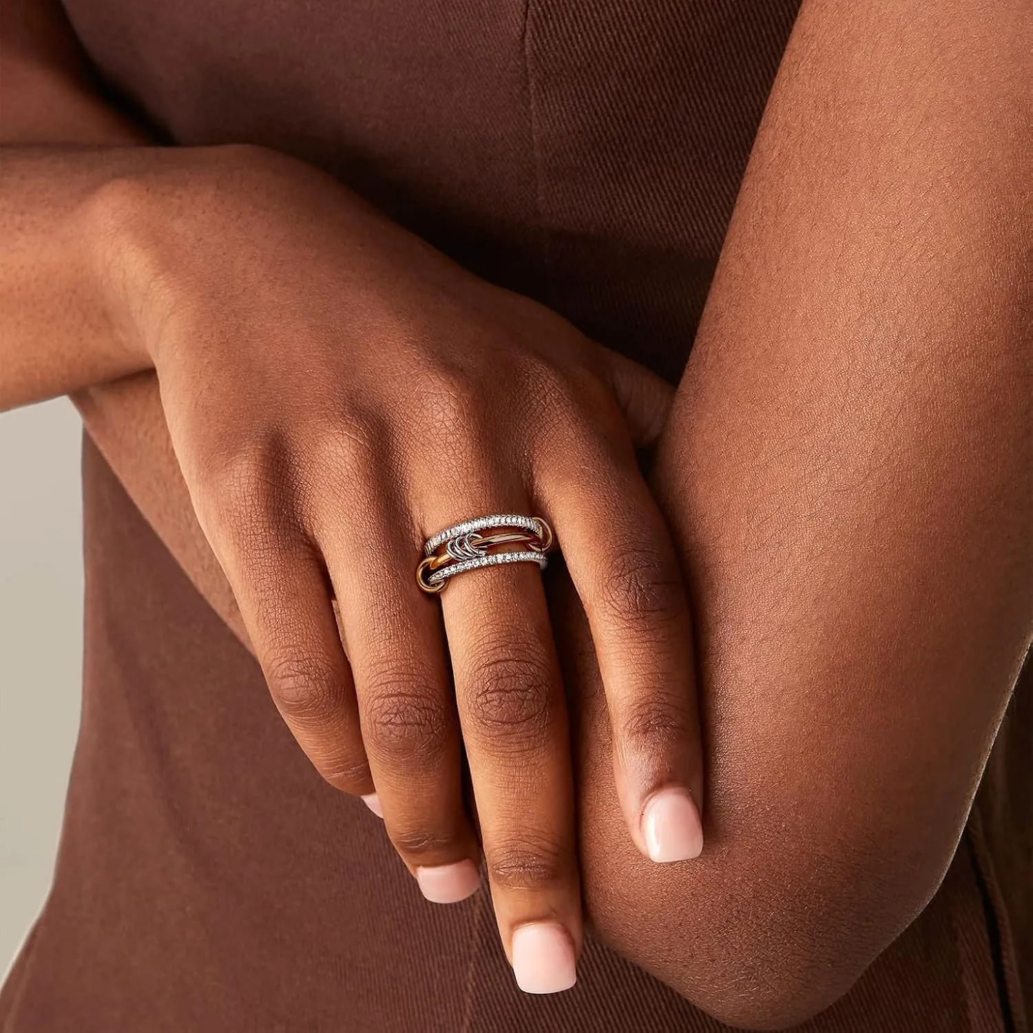 14K Gold Plated Stackable Rings,3 CZ Cubic Zirconia Ring Set,Silver & Gold Stacking Rings, Multi-Link Connected,Statement Interlocking Band for Women, Hypoallergenic, Non Tarnish wedding ring