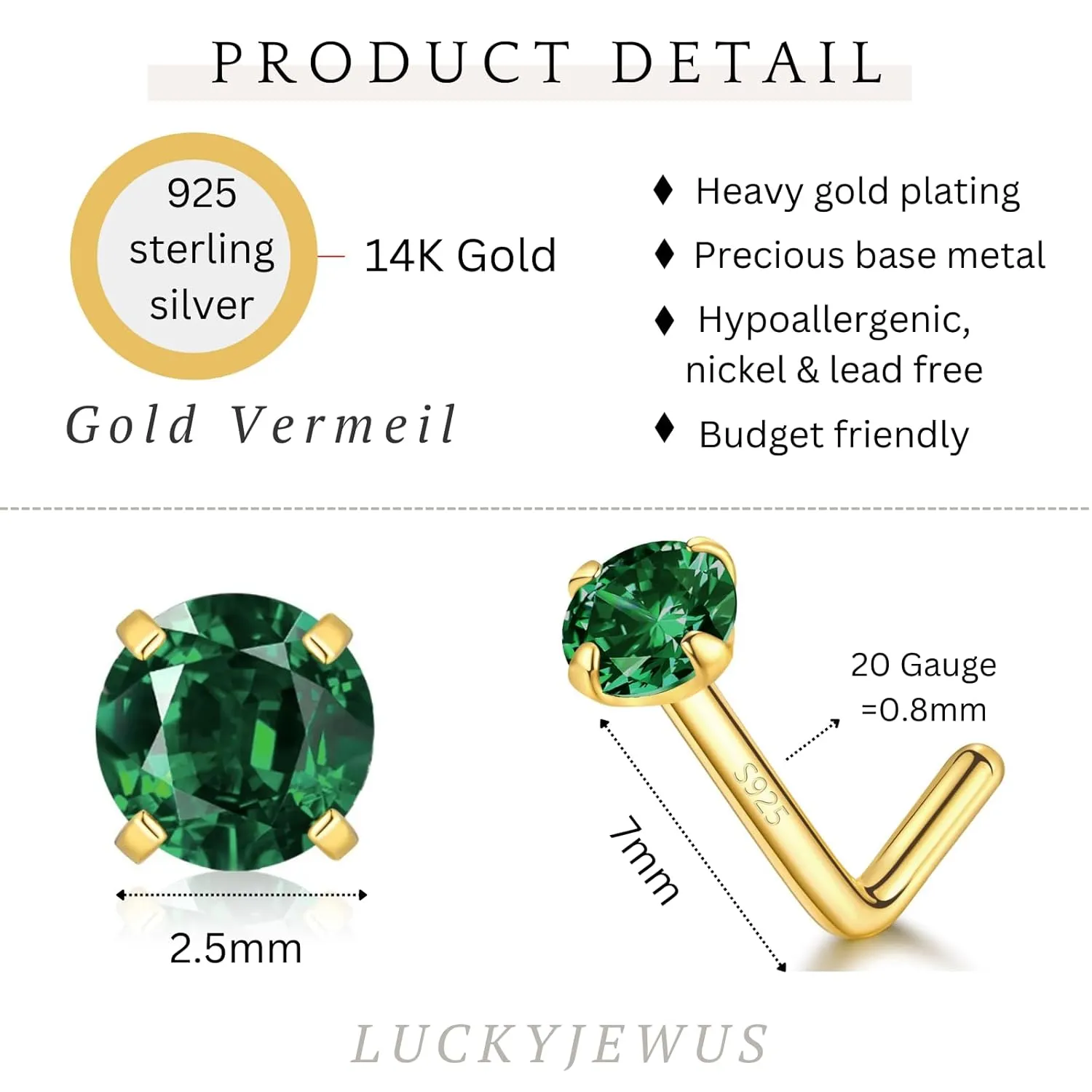 14k Gold Plated Sterling Silver L Shaped Nose Rings Studs for Women Men 20g, Small L Shape Nose Stud, 20 Gauge Nose Piercing Stud, Hypoallergenic Nose Nostril Piercing Jewelry (Gold - Green Emerald)