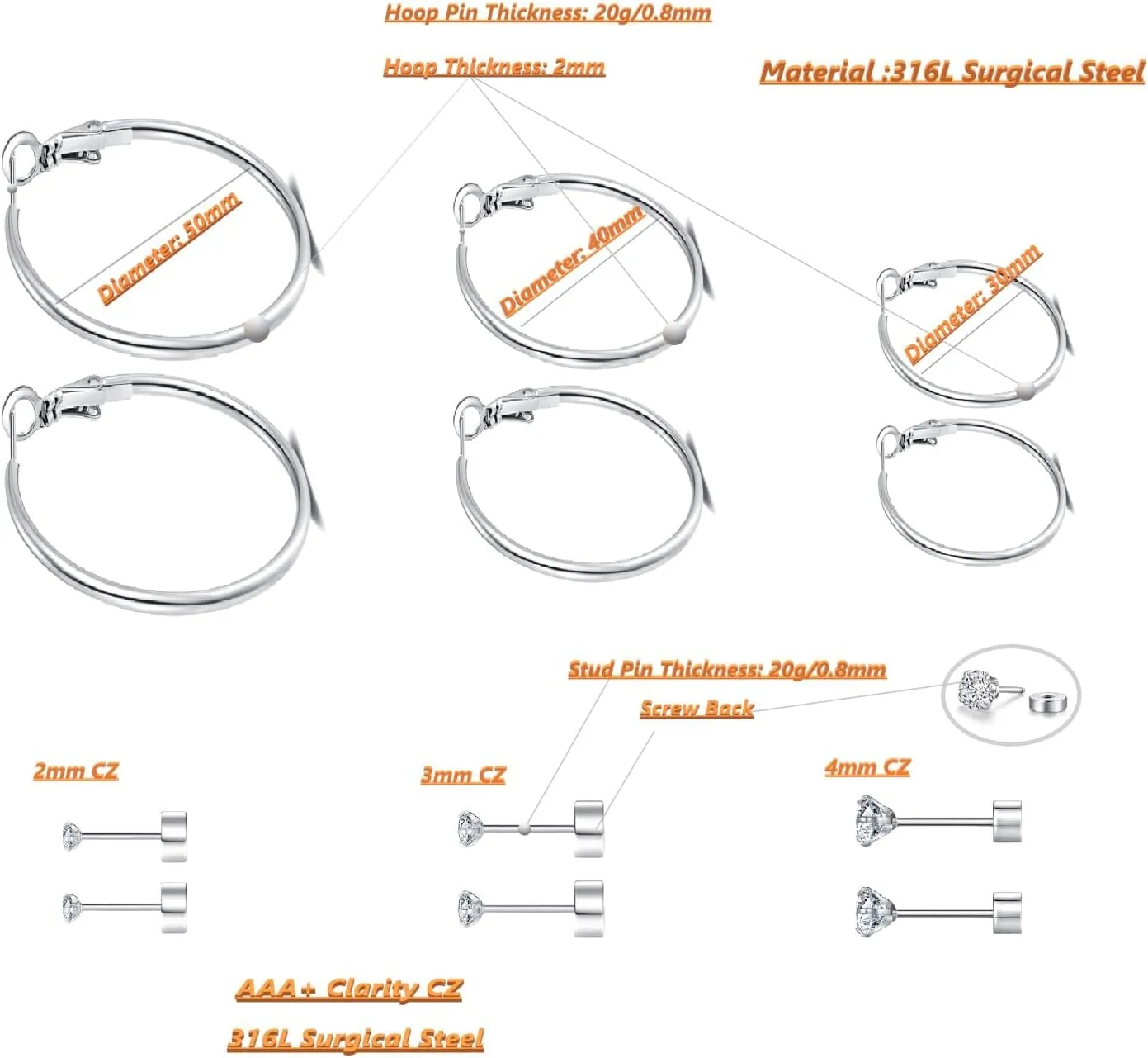 14k Gold Plated Surgical Steel Hoop Earrings Flat Back Stud Earrings Set for Women - 6 Pairs Hypoallergenic Earring Hoops and Cubic Zirconia Earrings Studs