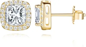 14K Gold Stud Earrings for Women Hypoallergenic Square Cubic Zirconia Earrings Studs Dazzling Lightweight Stud Earring for Women 9.6 mm