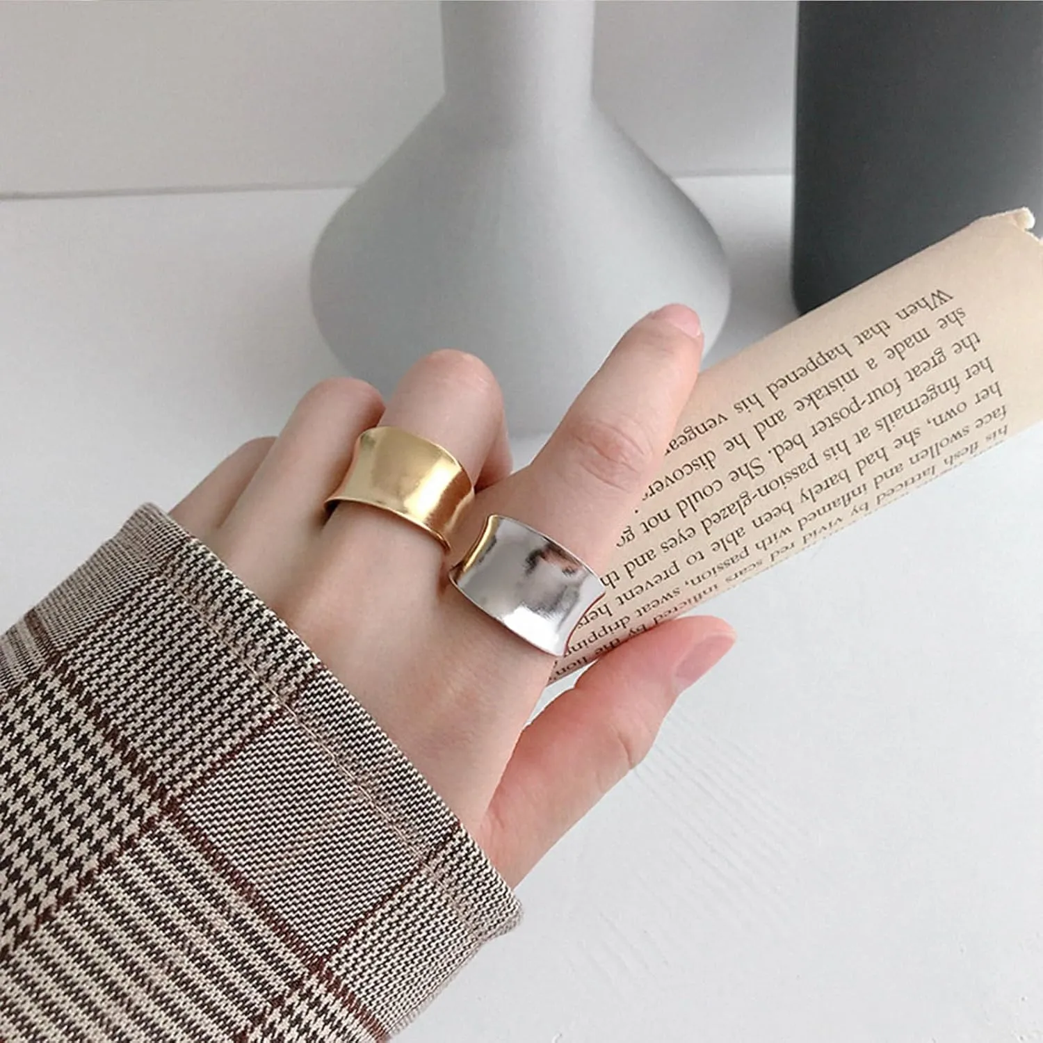 14K Gold Wide Band Rings for Women Chunky Gold Rings That Don't Tarnish Size 6-11 Statement Rings for Women Gold and Silver Rings for Women Men