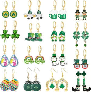 16 Pairs Hypoallergenic St. Patricks Day Small Hoop Dangle Earrings for Girls Irish Clover Celtic Shamrock for Women Irish Jewelry St Patricks Day Easter Bunny Egg Earrings