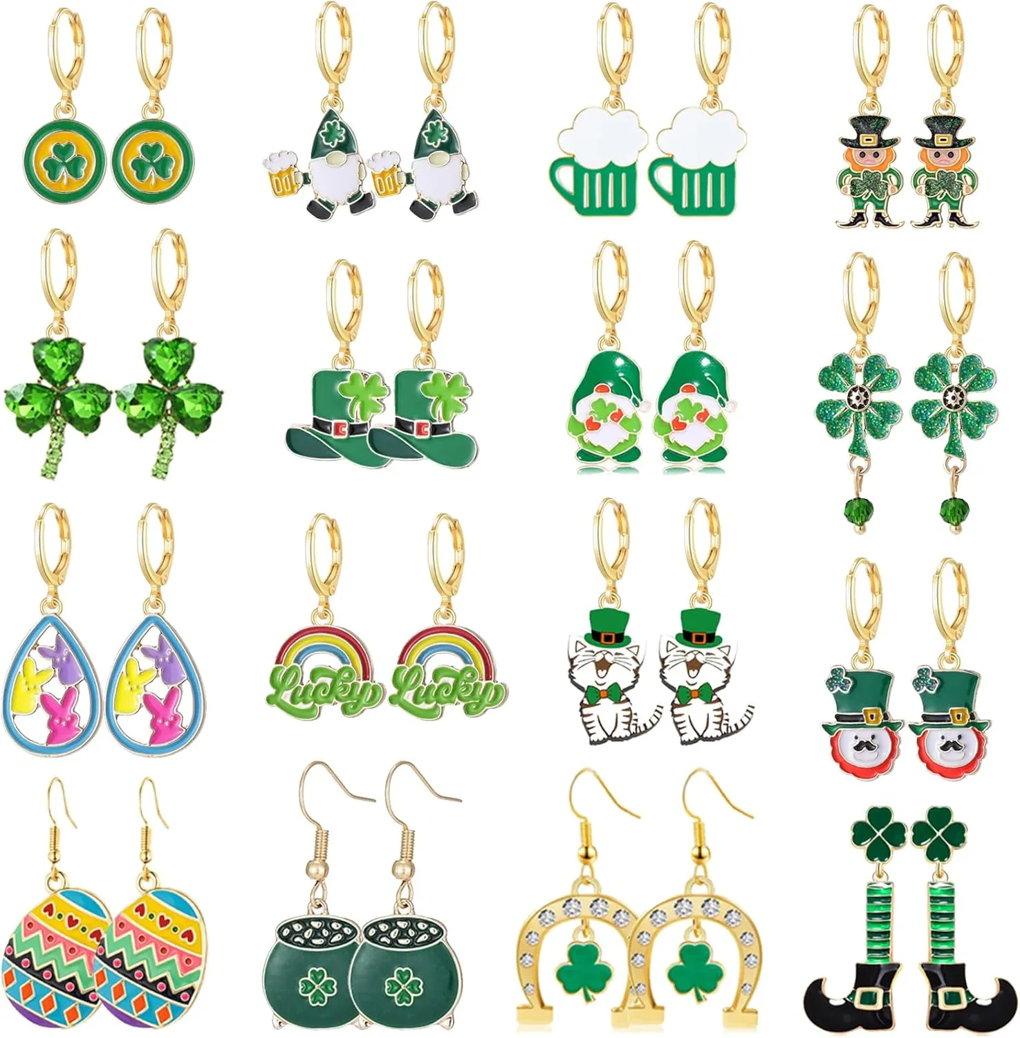 16 Pairs Hypoallergenic St. Patricks Day Small Hoop Dangle Earrings for Girls Irish Clover Celtic Shamrock for Women Irish Jewelry St Patricks Day Easter Bunny Egg Earrings