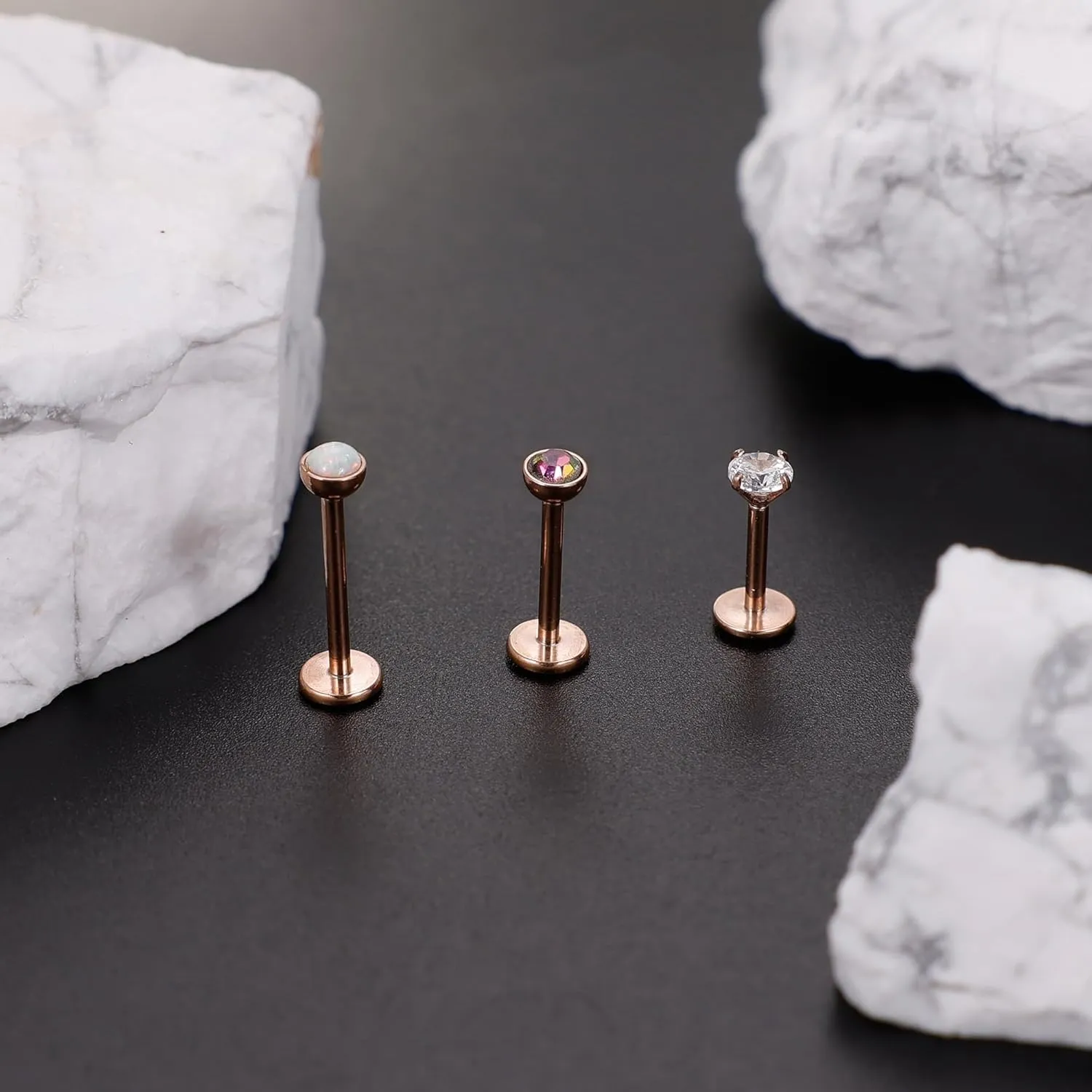 16G 18G 20G 3PCS G23 Titanium Push in Labret Monroe Stud Threadless Lip Ring Opal CZ Nose Stud Pure Titanium for Sensitive Skin Cartilage Helix Tragus Earrings Stud 6MM 8MM 10MM