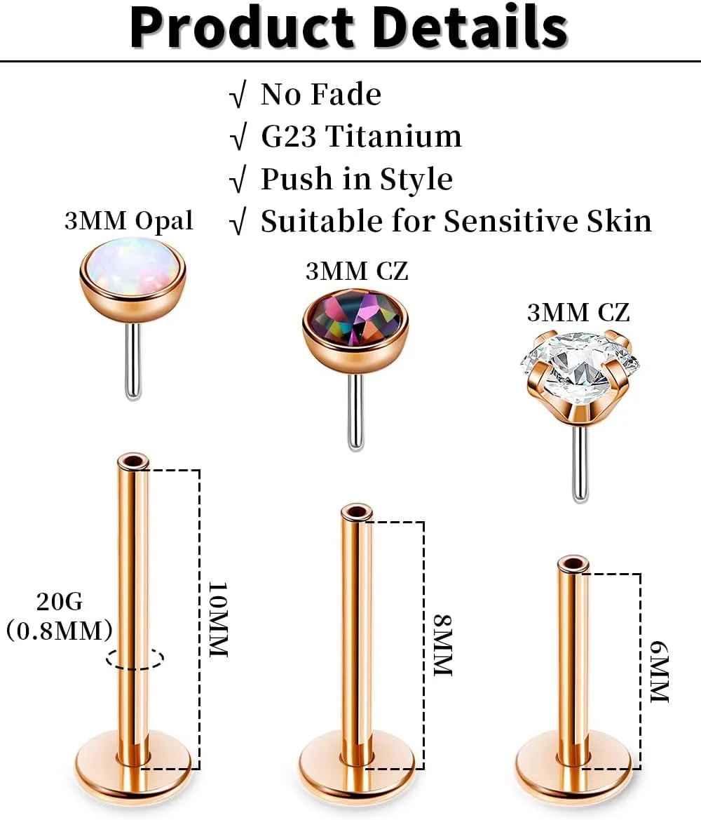 16G 18G 20G 3PCS G23 Titanium Push in Labret Monroe Stud Threadless Lip Ring Opal CZ Nose Stud Pure Titanium for Sensitive Skin Cartilage Helix Tragus Earrings Stud 6MM 8MM 10MM