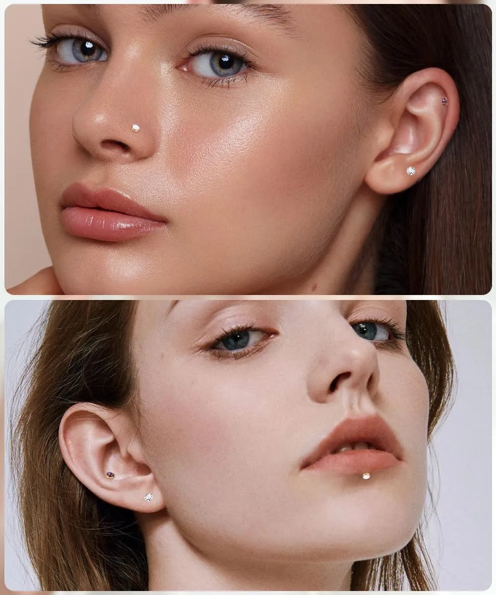16G 18G 20G 3PCS G23 Titanium Push in Labret Monroe Stud Threadless Lip Ring Opal CZ Nose Stud Pure Titanium for Sensitive Skin Cartilage Helix Tragus Earrings Stud 6MM 8MM 10MM