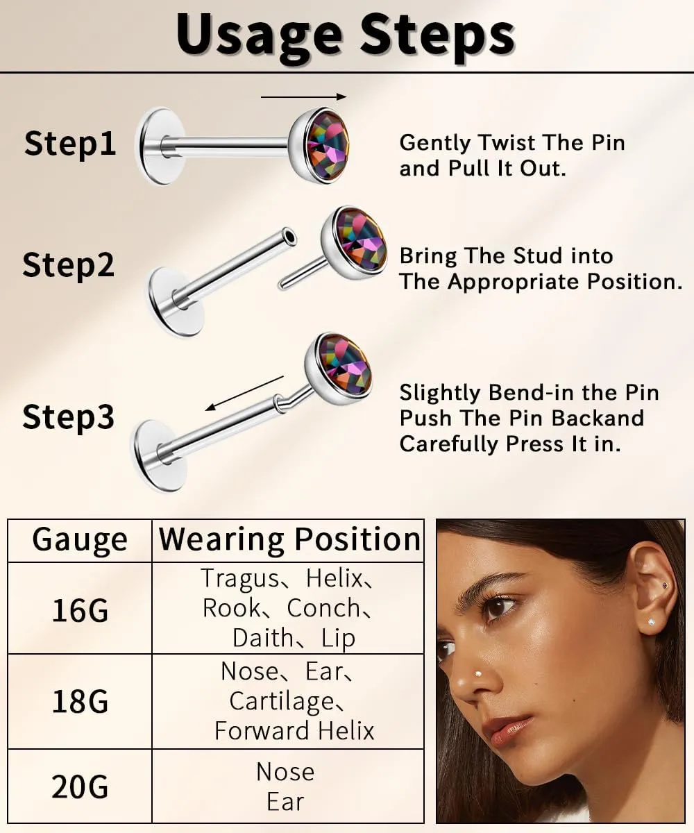 16G 18G 20G 3PCS G23 Titanium Push in Labret Monroe Stud Threadless Lip Ring Opal CZ Nose Stud Pure Titanium for Sensitive Skin Cartilage Helix Tragus Earrings Stud 6MM 8MM 10MM