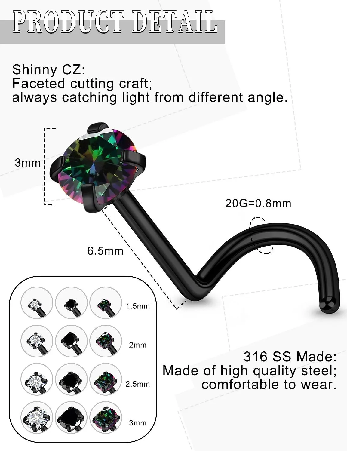 18G 20G Black Nose Rings Studs Piercing Jewelry for Women 316L Surgical Steel L Shaped Screw Straight Diamond CZ Nose Rings Studs Nostril Piercing Jewelry for Women Men Hypoallergenic