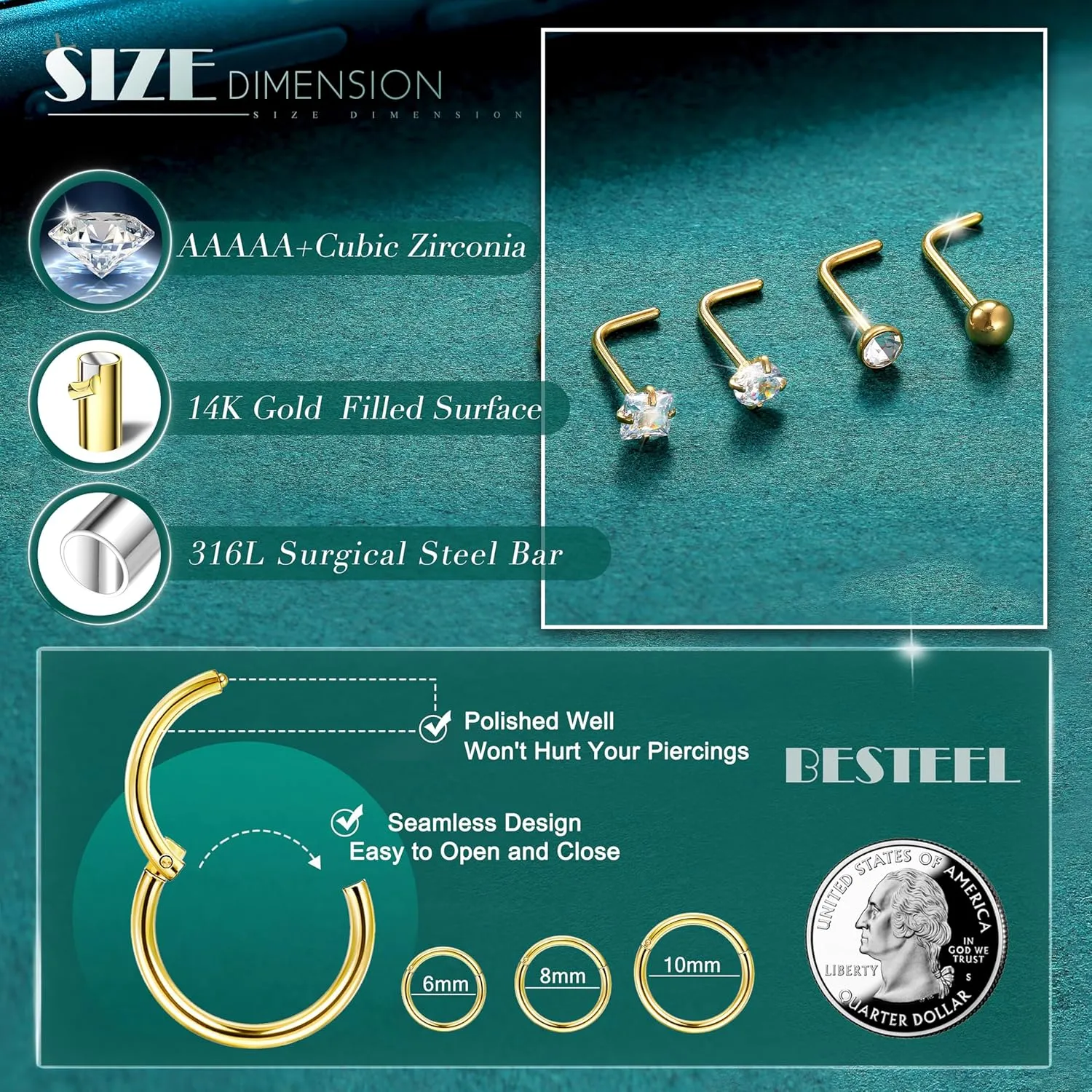 18G Nose Rings Hoops and 20G Nose Studs for Women Men -Hypoallergenic 316L Surgical Stainless Steel Clicker Hinged Segment Ball CZ Simulated Diamond Nostril Piercings Jewelry 15Pcs