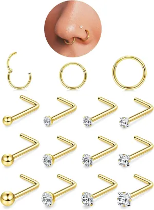 18G Nose Rings Hoops and 20G Nose Studs for Women Men -Hypoallergenic 316L Surgical Stainless Steel Clicker Hinged Segment Ball CZ Simulated Diamond Nostril Piercings Jewelry 15Pcs