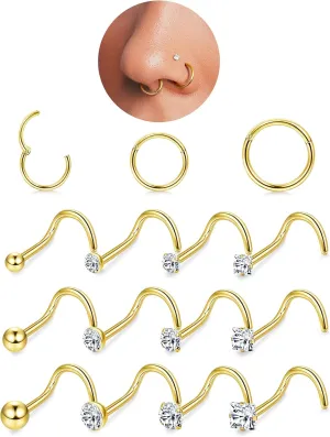18G Nose Rings Hoops and 20G Nose Studs for Women Men -Hypoallergenic 316L Surgical Stainless Steel Clicker Hinged Segment Ball CZ Simulated Diamond Nostril Piercings Jewelry 15Pcs