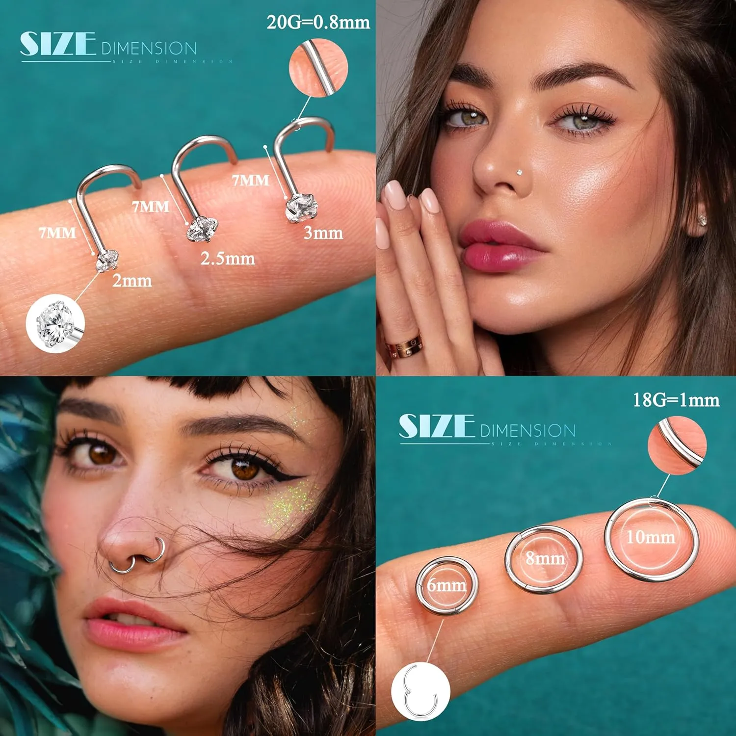 18G Nose Rings Hoops and 20G Nose Studs for Women Men -Hypoallergenic 316L Surgical Stainless Steel Clicker Hinged Segment Ball CZ Simulated Diamond Nostril Piercings Jewelry 15Pcs