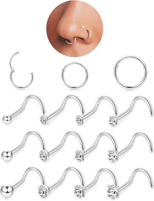 18G Nose Rings Hoops and 20G Nose Studs for Women Men -Hypoallergenic 316L Surgical Stainless Steel Clicker Hinged Segment Ball CZ Simulated Diamond Nostril Piercings Jewelry 15Pcs