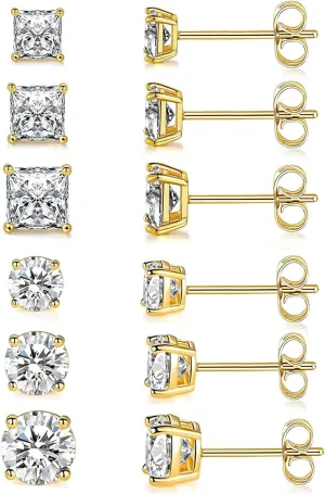 18K Gold Plated Round Princess Cut Clear Cubic Zirconia Stud Earring of 6 Pairs (6 Pairs)