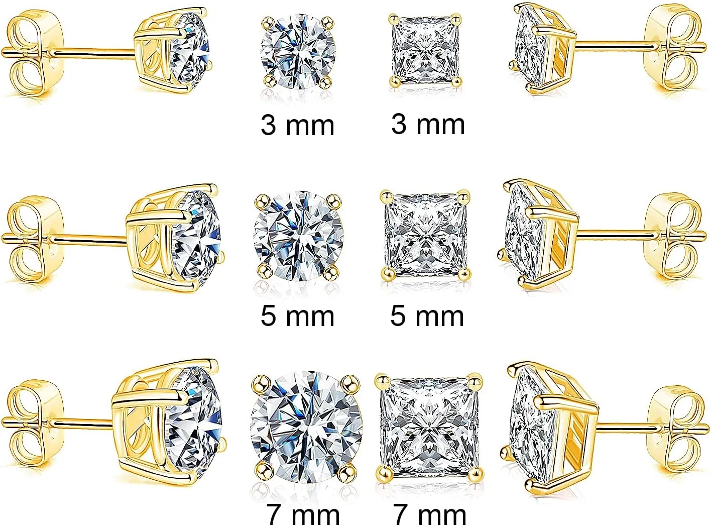 18K Gold Plated Round Princess Cut Clear Cubic Zirconia Stud Earring of 6 Pairs (6 Pairs)