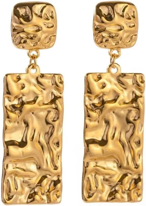 18K Gold Plated Stainless Steel Geometric Rectangular Pendant Drop Earrings Nickel Free Hypoallergenic Waterproof
