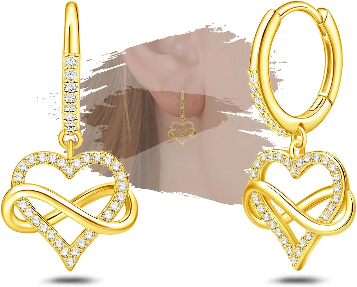 18K Gold Plated Sterling Sliver Heart-Shaped Hoop Dangling Earrings for Women Hypoallergenic Charming Cubic Zironia Fashion Love Heart Hoop Earrings with Dangle Charms