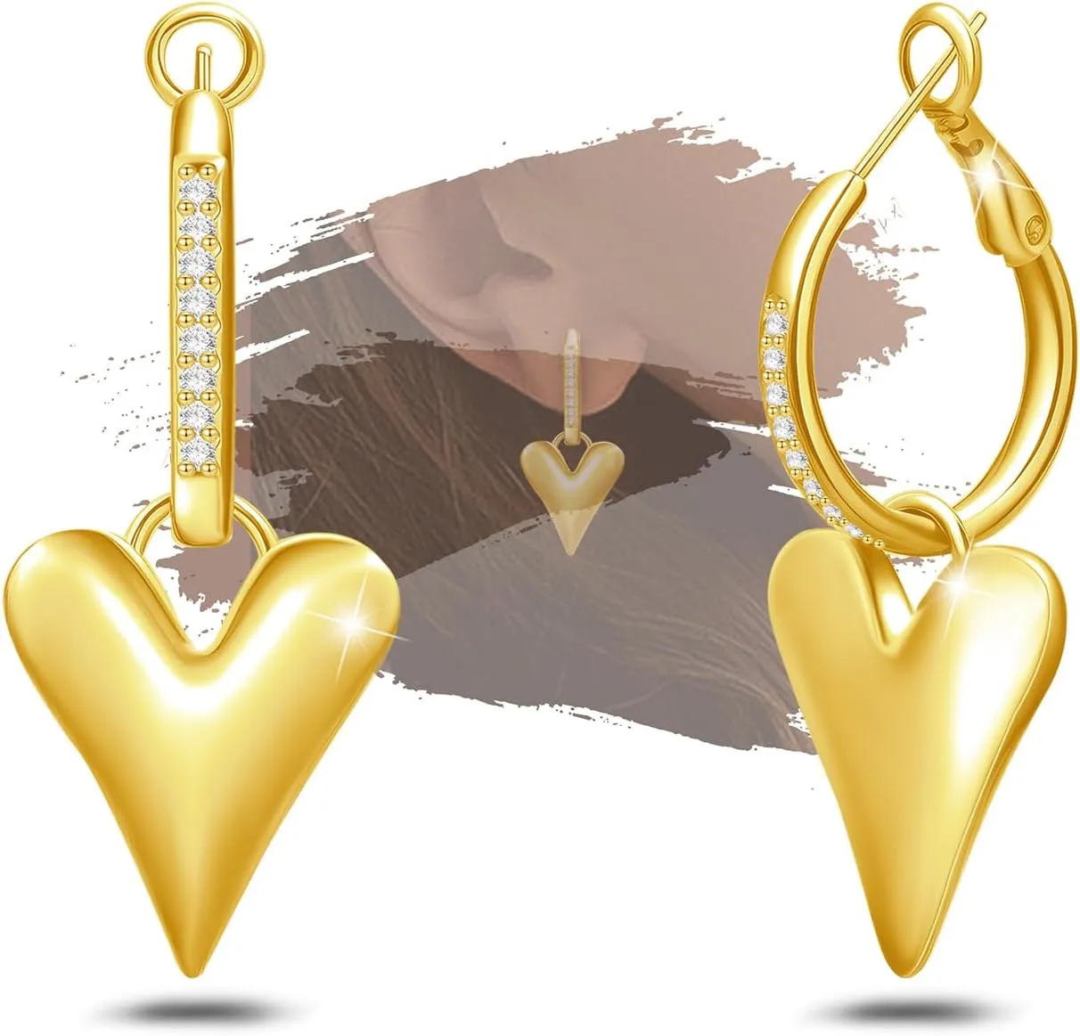 18K Gold Plated Sterling Sliver Heart-Shaped Hoop Earrings with Dangle for Women Cubic Zirconia Fashion Classic Hypoallergenic Love Heart Hoop Earrings with Dangle Charms