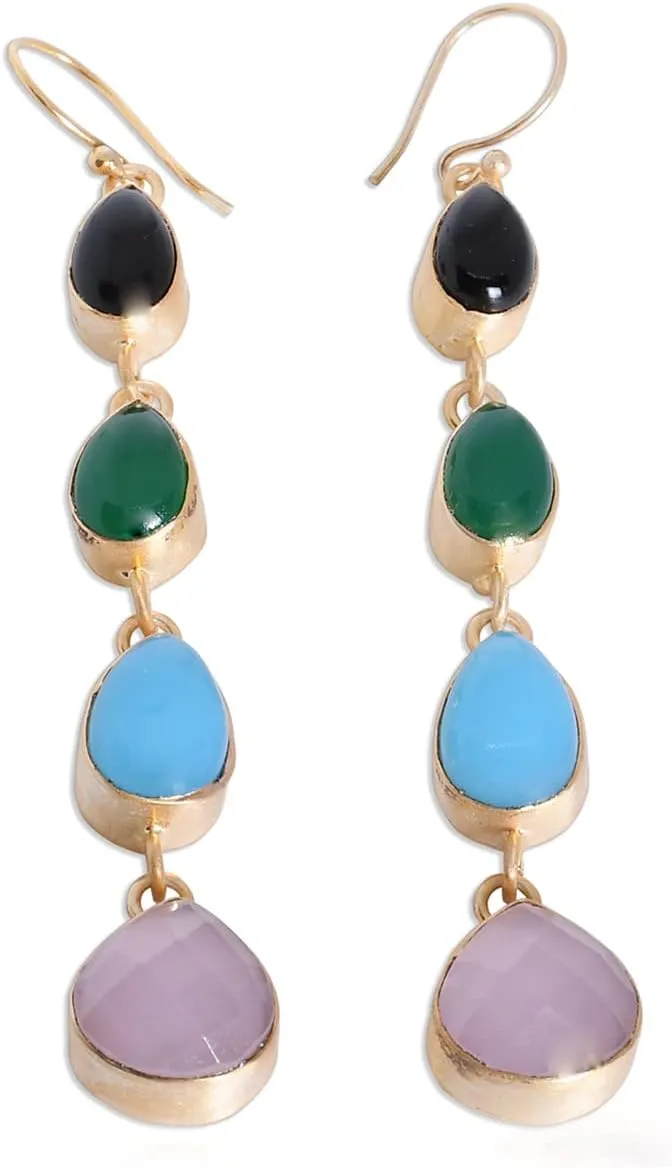 18K Gold Vermeil Multi Gemstone 18K Gold Vermeil Multi Gemstone Long Dangle Earrings For