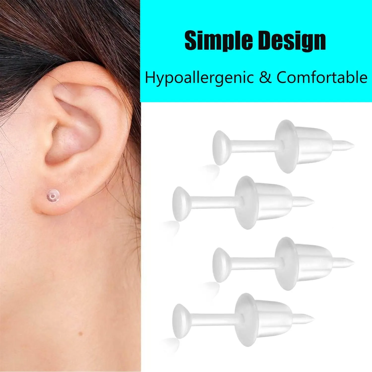 200pcs Sports Earrings - 3mm Clear, Invisible, Plastic for Sensitive Ears & Work